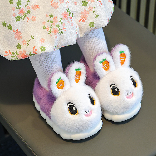 Winter Children's Cotton Slippers for Girls, Princess Style, Parent-Child Anti-Slip Warmth, Fluffy Thick Baby Slippers with Heel Padding