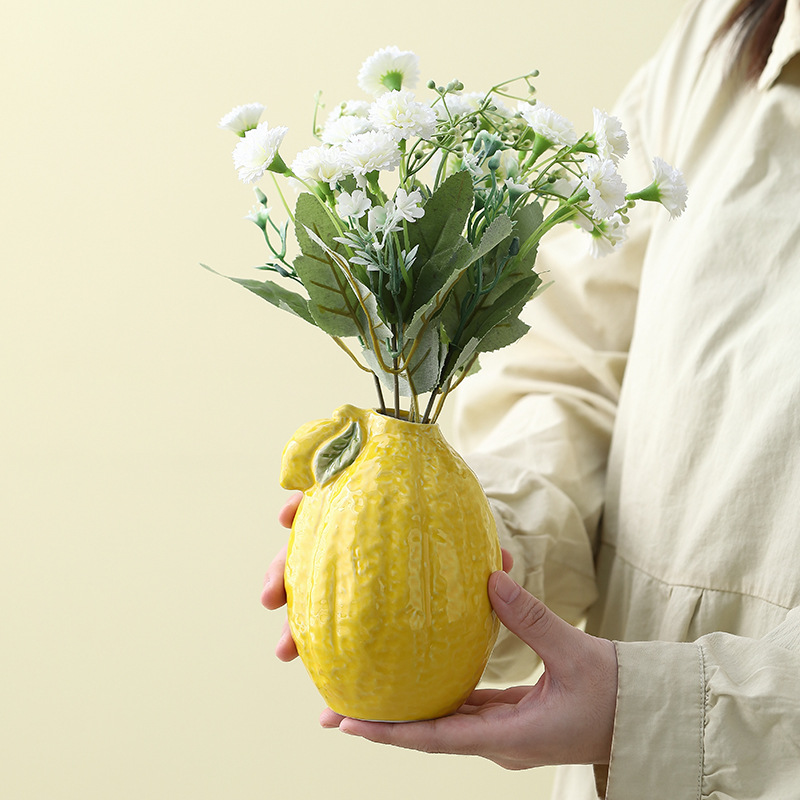 Artificial Flower Vase for Living Room, Simple Luxury Ornament, Flower Arrangement Decoration, Lemon Office Ceramic Creative Trendy Item