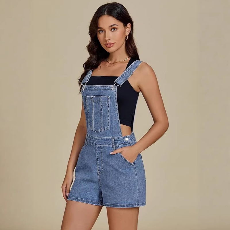 Cross-Border European and American Street Style New Washed Loose Multi-Pocket Straight-Leg Women's Workwear Denim Overalls Shorts