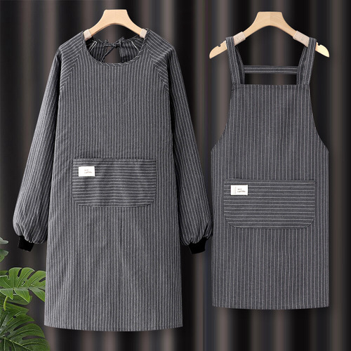 New Internet-famous pure cotton long-sleeved apron, Korean-style women's household kitchen and catering-specific workwear, coverall with waist tie.