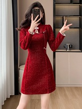 新中式改良旗袍连衣裙女加绒加厚复古国风气质高级感盘扣红色裙子
