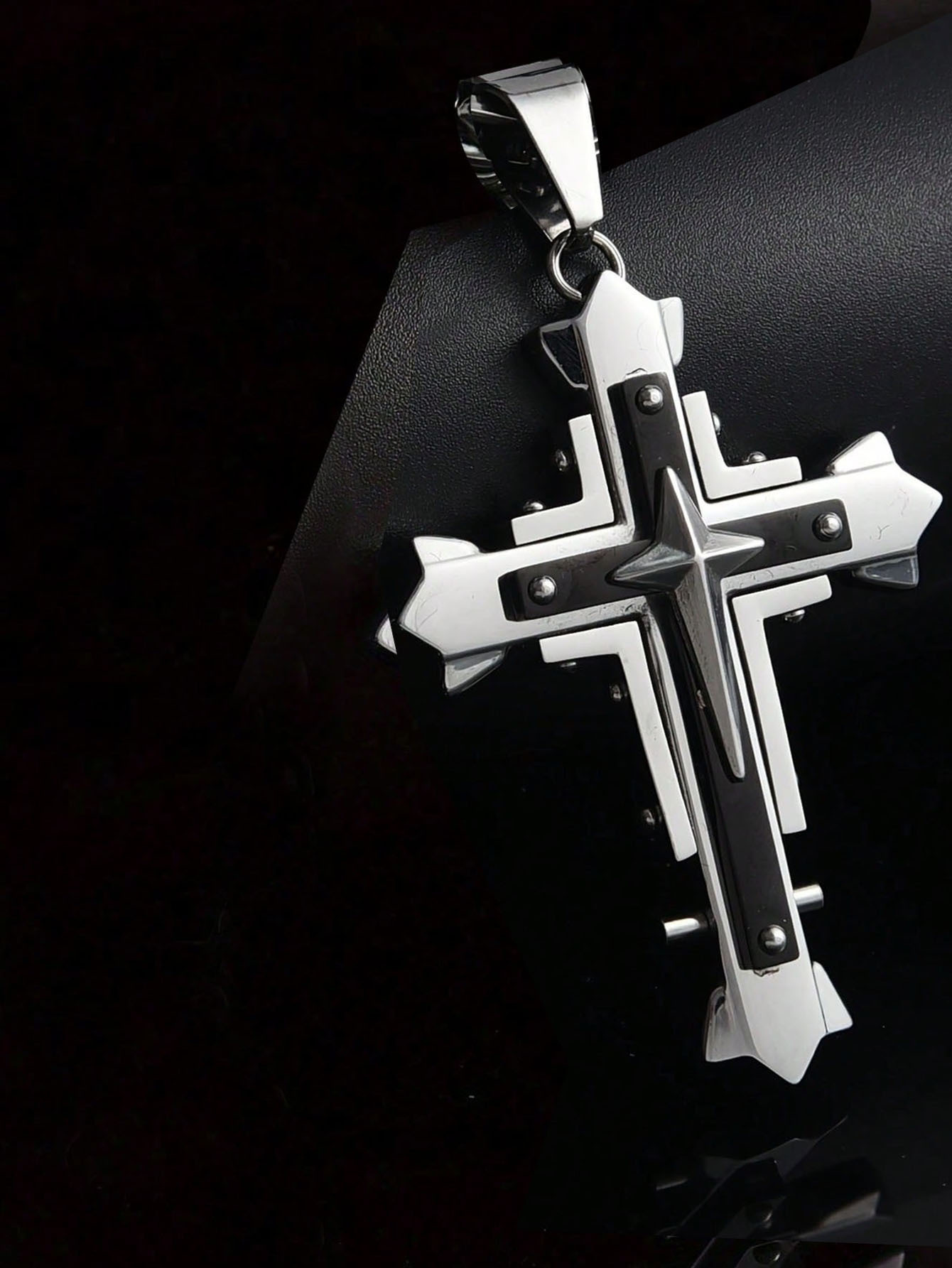Stainless Steel Three-layer Cross Pendant Necklace For Men_voghion.com
