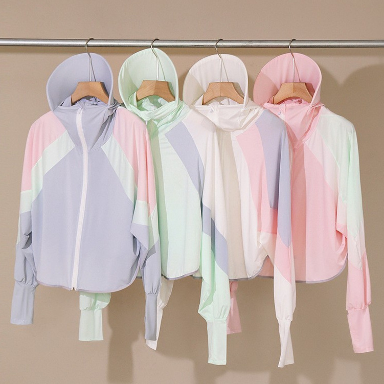 Sun protection clothing for women Summer new UV protection UPF50 + stitching contrast color ice silk hooded sun protection clothing shawl blouse
