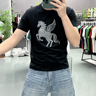 夏季新款男士圆领短袖丝光棉半袖打底衫马年烫钻时尚半截袖上衣潮