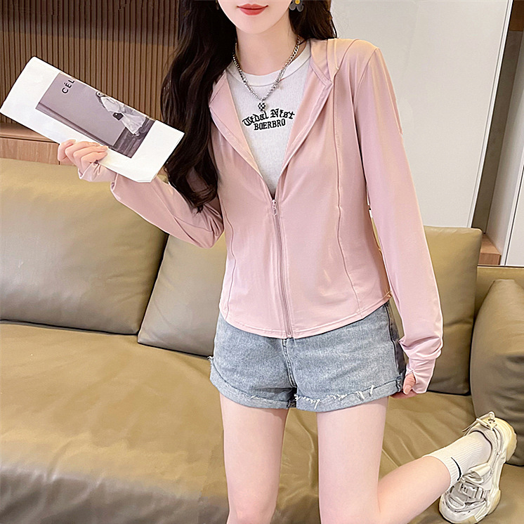 Short, sexy, slim-fitting, waist-cinching hooded sun-protective summer sports jacket for women.