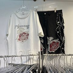 ヘビービーズレターホワイトスリムTシャツトップ+サイドデザインカジュアルミッドパンツツーピーススーツ