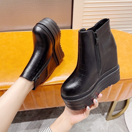 Wedge super high heel short boots 14CM autumn and winter new style small platform thick-soled Martin boots white inner height increasing women's shoes