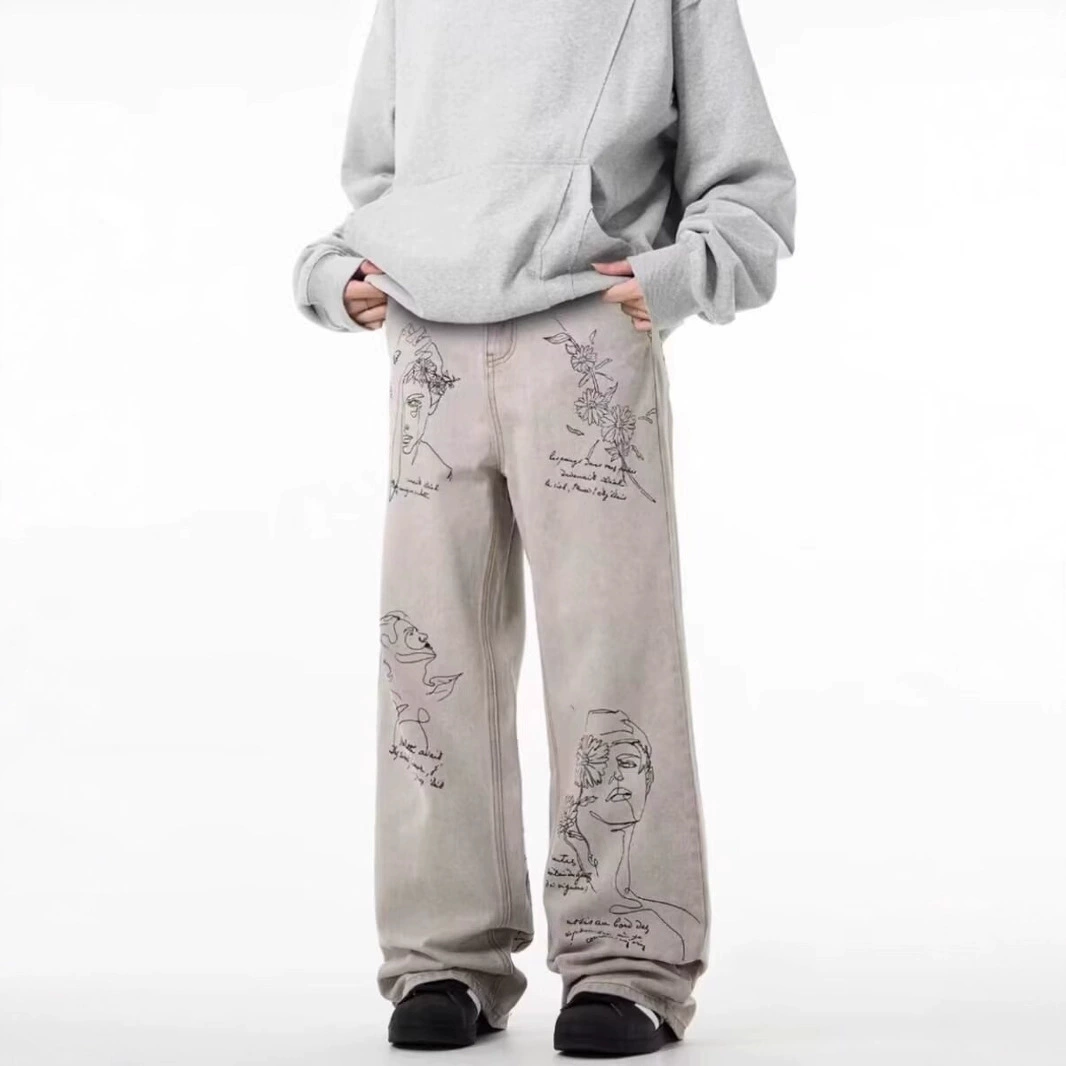 Мужские летние новые джинсы в гонконгском стиле 2024, персонализированные джинсы с надписью в стиле хип-хоп, модные модные красивые брюки для улицы