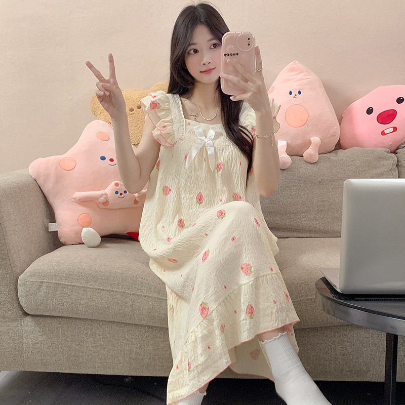 2024 verano vestido de pajama de mujer vestido largo suelto arco dulce dormitorio del campus se puede usar vestido de pijama rojo