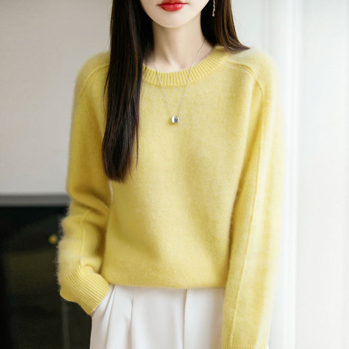 Soft waxy warm wool sweater for women, 100 pure wool autumn and winter new round collar loose solid color knitted sweater base shirt