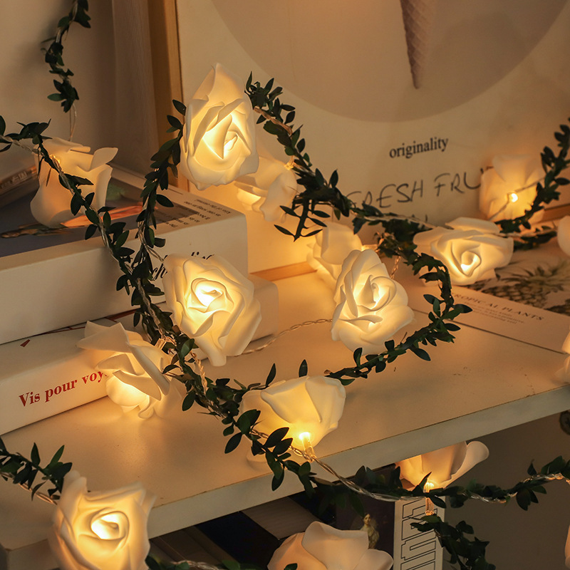 Led Rose Vine String Lights with Artificial Green Leaves, Rose Vine String Lights for Bedroom, Confession, Proposal, Decorative String Lights