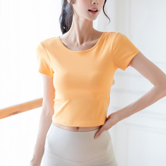 Women's Summer and Autumn Yoga Clothes Quick-Drying High-Elasticity Beautiful Back Short-Sleeve Fitness Clothes Running with Bra Cup Round Neck Sports Top