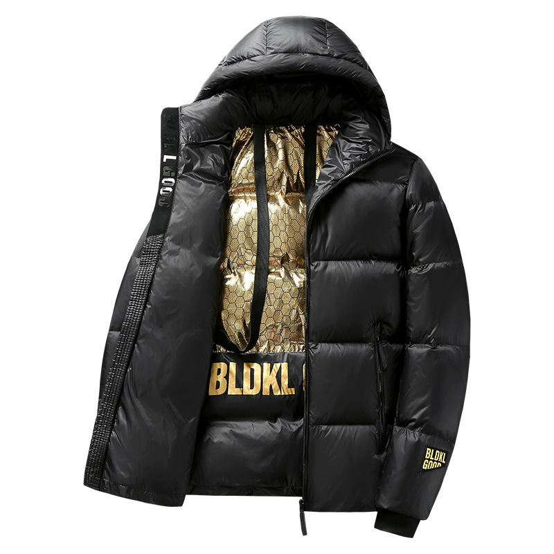 Winter popular black gold down jacket men's short fashion brand loose two-open velvet thickened couple hooded jacket