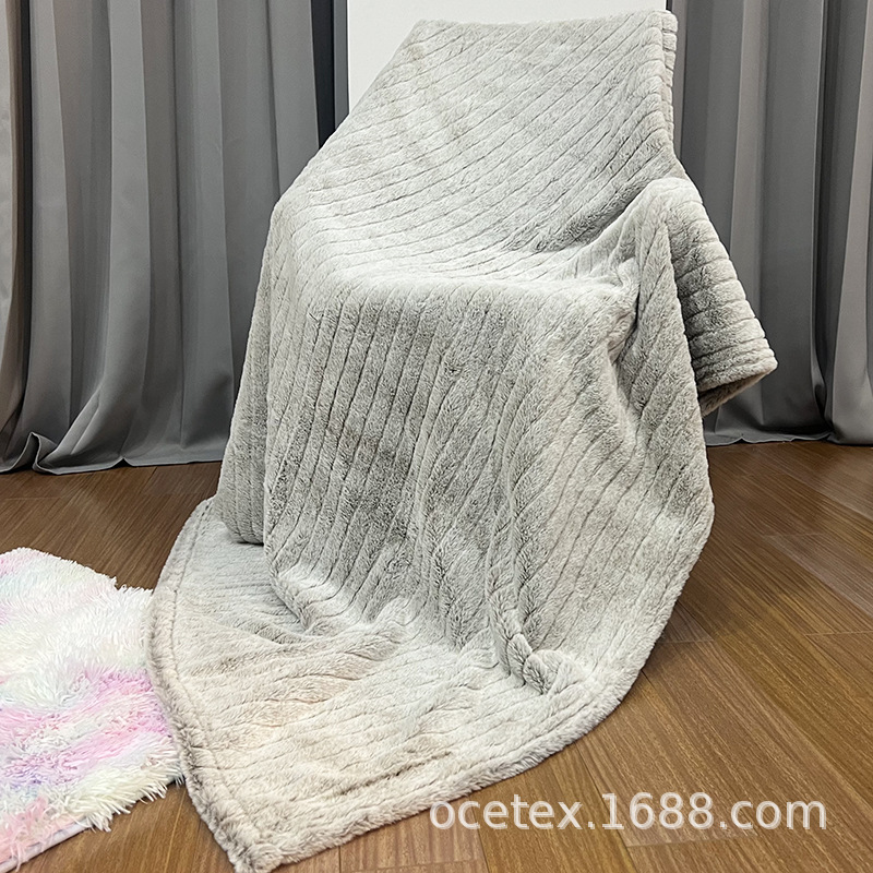 新款超聲波兔毛刷直條雙層毯冬季加厚親膚柔軟沙發蓋毯仿皮草毯子