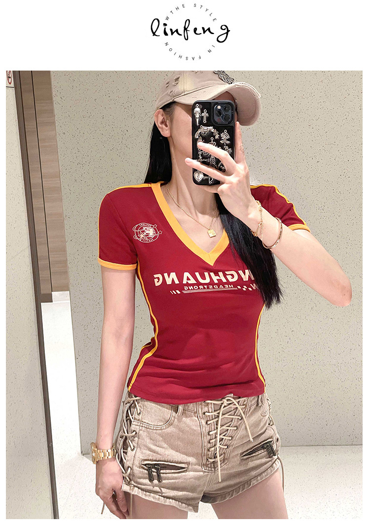 Women's Clothing Deep V Neck Short Sleeve T-Shirt Slim Fit Fashionable Casual Women's Top For Formal & Casual For Women_ecoleips.com