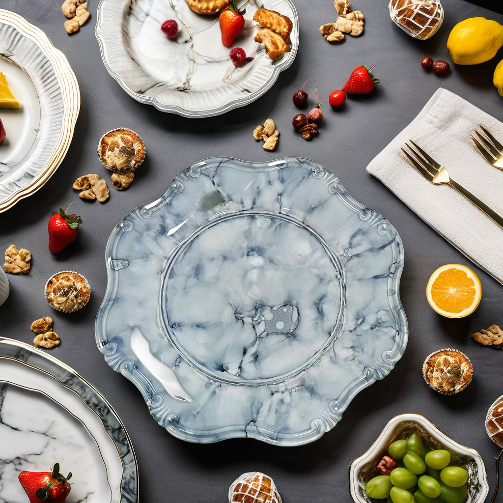 Hot sale transfronterizo alta sensación de metal ligero lujo plato de decoración de comida occidental plato de encaje de contacto con alimentos imitación de vidrio