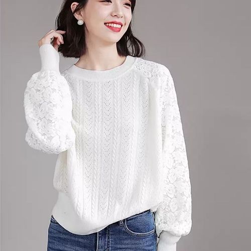 Early autumn new style lace hollow sweater lantern long-sleeved cable lazy style loose sweater Korean style trendy