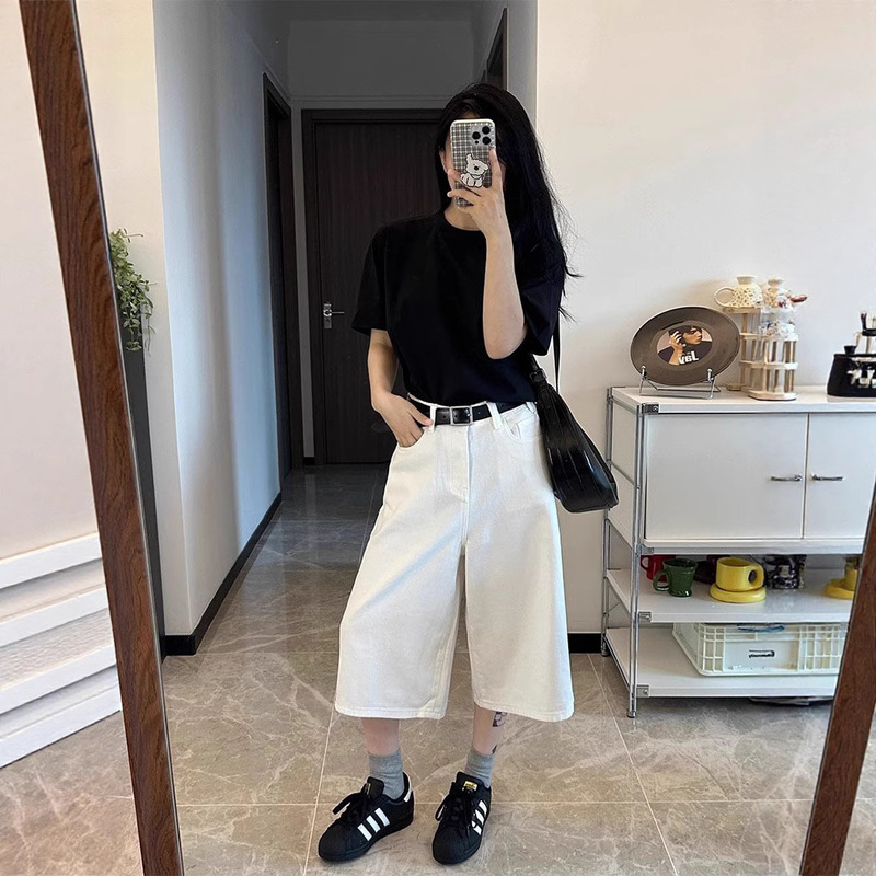 White High-Waisted Straight-Leg Jeans for Women, Summer Thin Plus-Size Cropped Pants, Loose Wide-Leg Versatile Casual Cropped Pants