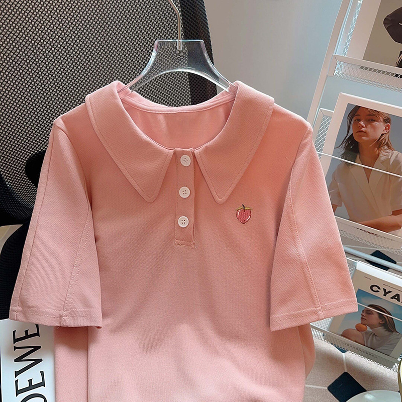 ミルクスイートピンク日本製ポロカラー半袖Tシャツ女性用2025新作夏ルーズカジュアルショルダートップス|undefined