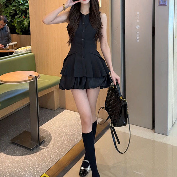 Korean Style High-end Sleeveless Vest Top Women's 2025 Summer New High Waist A- line Flower Bud Skirt suit Skirt
