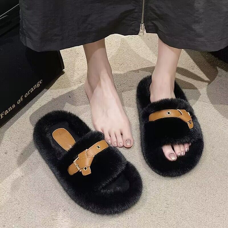 Zapatillas gruesas cruzadas con lana para mujeres otoño y invierno nuevas zapatillas de algodón doméstico de fondo suave grueso muffin