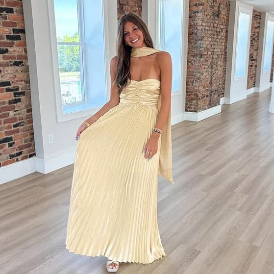 New evening dress for women, bridesmaid dress with scarf, strapless, pleated satin, elegant formal ball gown New evening dress for women, bridesmaid dress with scarf, strapless, pleated satin, elegant formal ball gown