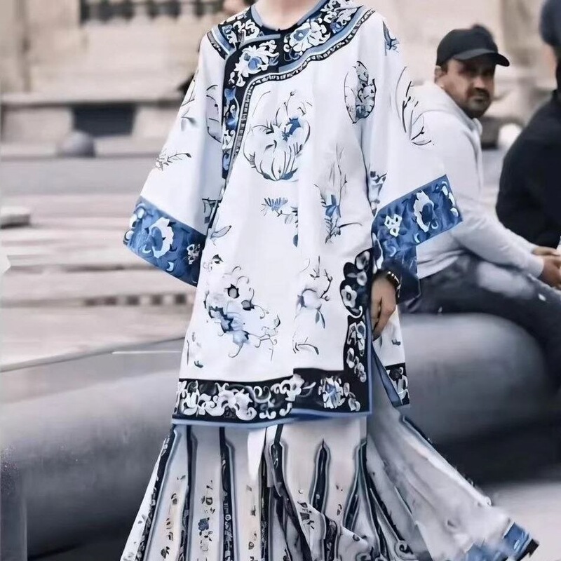2026 New Model Qing Dynasty Hanfu Blue and White Porcelain Court-Style Horse-Faced Printed Patterned Princess Flag Dress Set 2026 New Model Qing Dynasty Hanfu Blue and White Porcelain Court-Style Horse-Faced Printed Patterned Princess Flag Dress Set