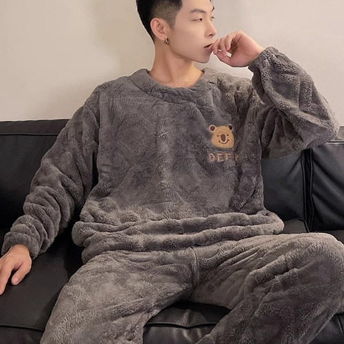 Crew Neck Grey Small Bear Fleece Padded Thick pyjamas for Autumn and Winter Men's Bestselling New Homecoming Clothes
