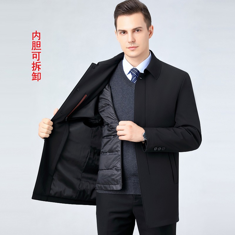 高档冬季中老年男士可拆卸鹅绒内胆羽绒服中长款休闲保暖风衣外套