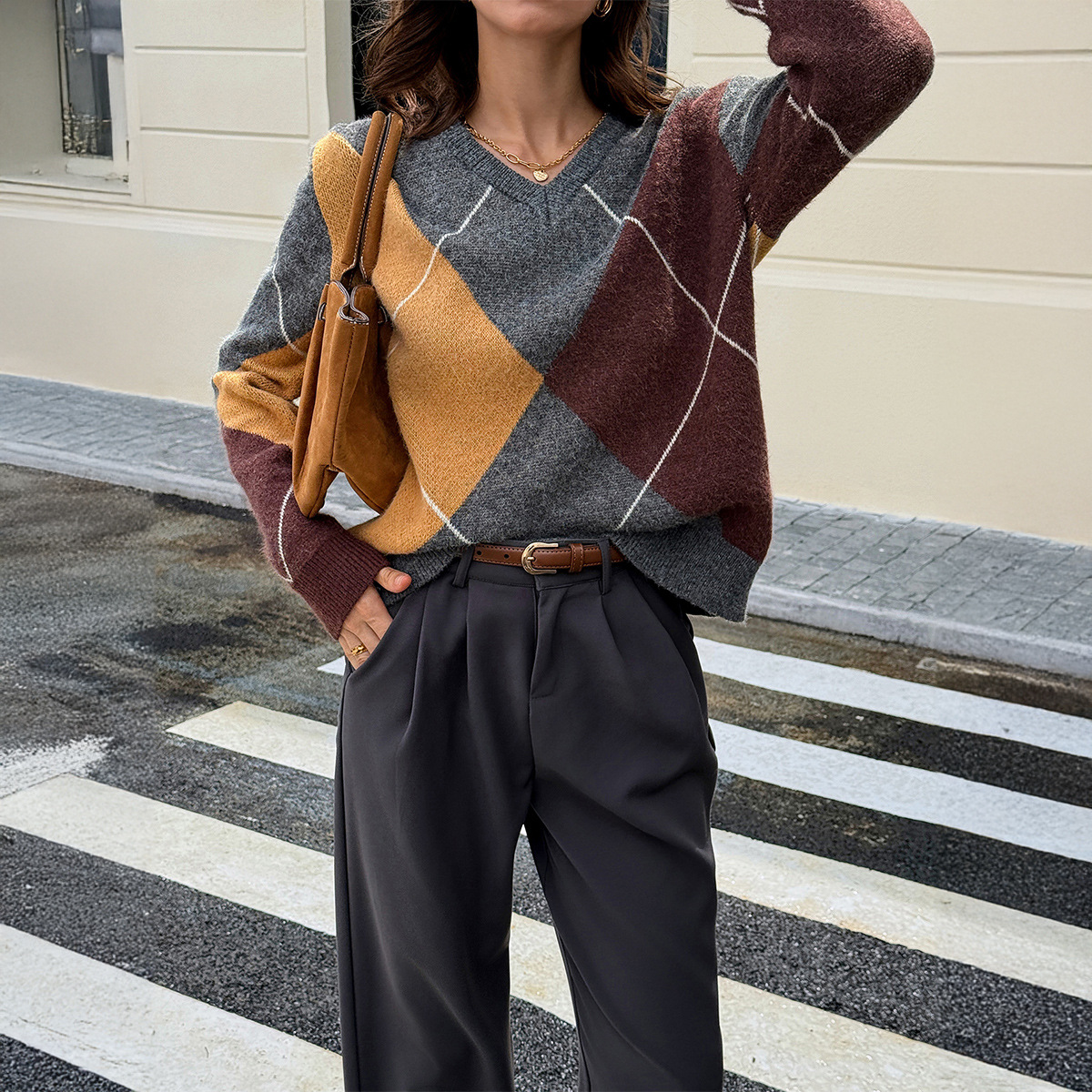 Kaikuo transfronterizo Europa y América ocio simple color mosaico de lana suéter de manga larga ropa de mujer 2025 otoño y invierno estación independiente de Amazon image 6
