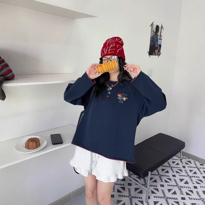 Paper Bag Home Spring Thin Style "Fresh Style Sweatshirt" Color-Block Soft Cotton Embroidered Long Sleeve Trendy R5019