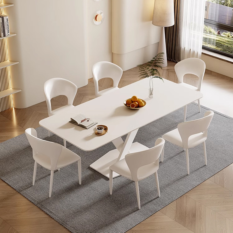 Luz estilo crema francés Enua roca placa mesa de comedor y silla combinación moderna simple hogar mesa de comedor hogar blanco puro rectangular