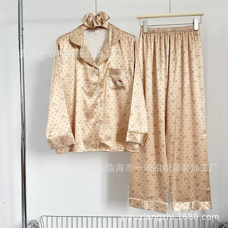 秋季新款黄金卡通学生睡衣女 法式超薄款可爱富婆刺绣猫咪家居服