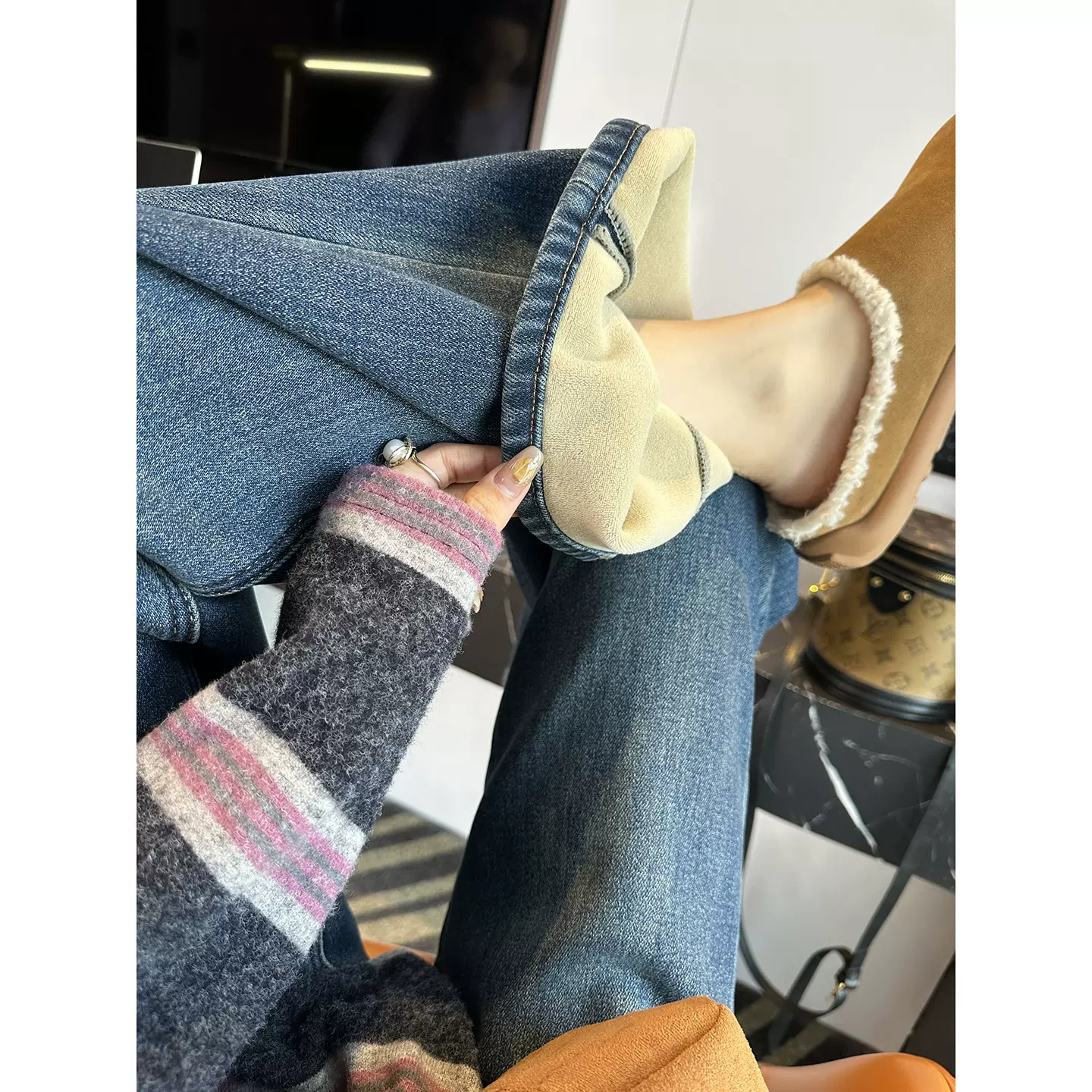 双版型！不挑人~保暖复合绒直筒牛仔裤女秋冬新款高腰宽松阔腿裤