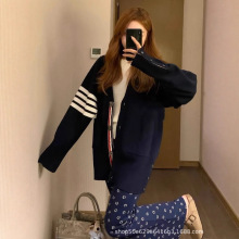 tb四道杠V领羊毛针织开衫情侣男女中长款宽松慵懒风秋冬毛衣外套