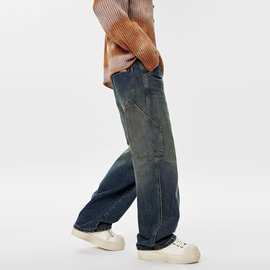 潮牌复古腰部抽绳牛仔裤男女宽松直筒休闲长裤美式工装口袋伐木裤