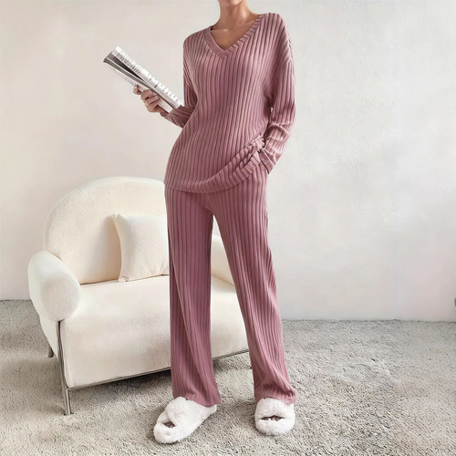 Autumn and winter suit New style home fashionable casual straight pants temperament loose V-neck pit strip two-piece set
