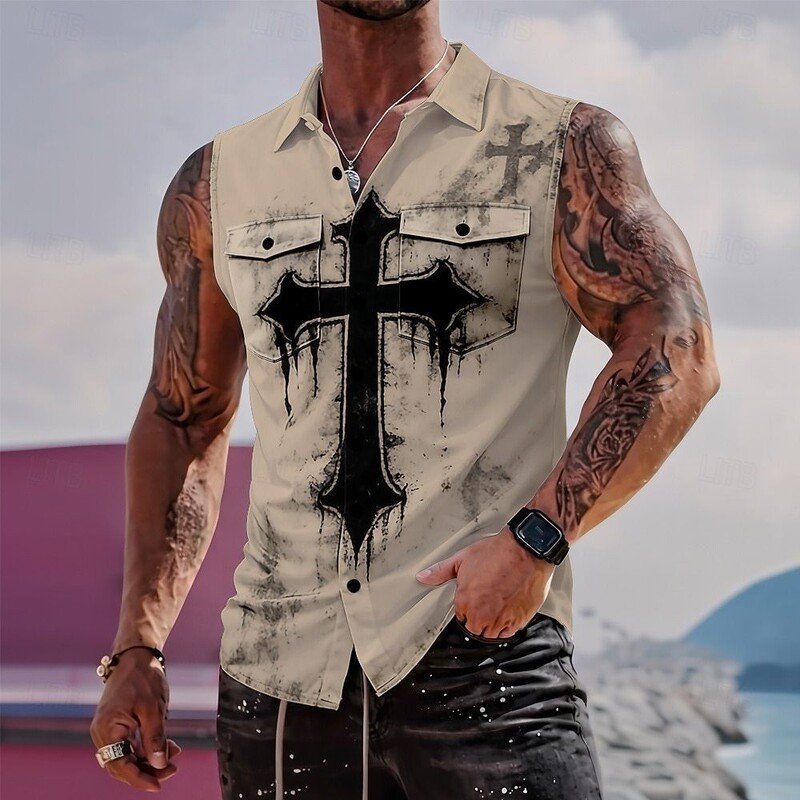 Cross-Border 2026 Sleeveless Pocket Shirt Men's Turn-Down Collar Top 3D Printed Men's Shirt Versatile Shirt European and American Style