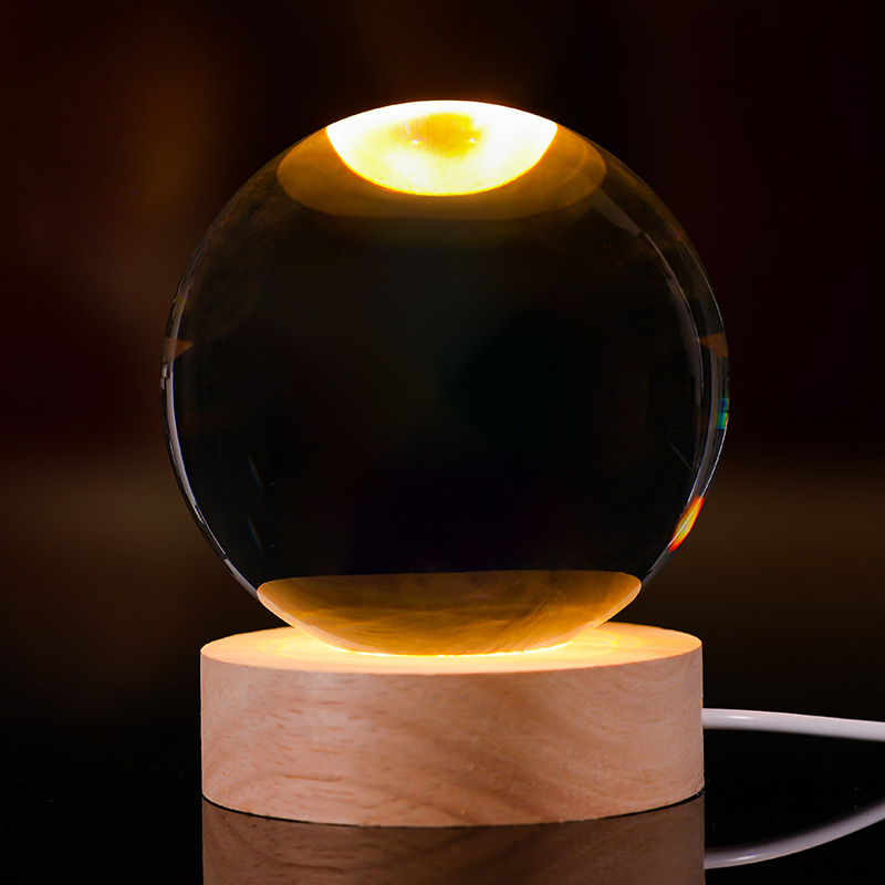 Bola de cristal luminosa lámpara de noche 3D esculpida estrella base de madera sólida regalo de cumpleaños decoración de escritorio creativa
