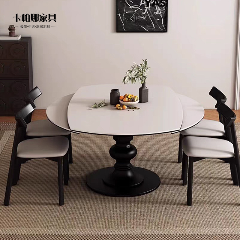 French Style Retractable Round Dining Table Retro High-end Small Apartment Square and Round Dual-purpose Stretch Cream Style Solid Wood Rock Plate Dining Table