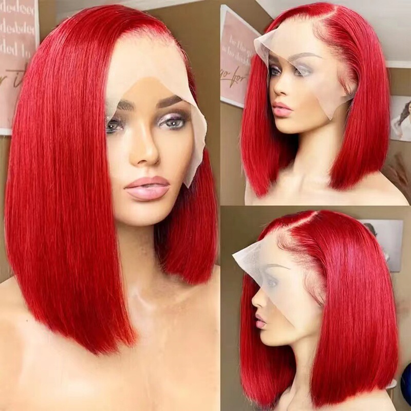 In-Stock European and American Cross-Border New Red Bob Short Straight Hair Wigs Lace Front Bob Wig Synthetic Fiber Headpiece