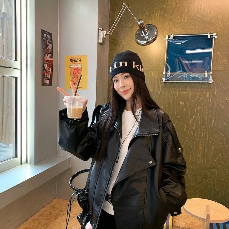 美式辣妹机车夹克宽松pu皮衣外套女秋季新款设计感宽松夹克上衣潮|undefined