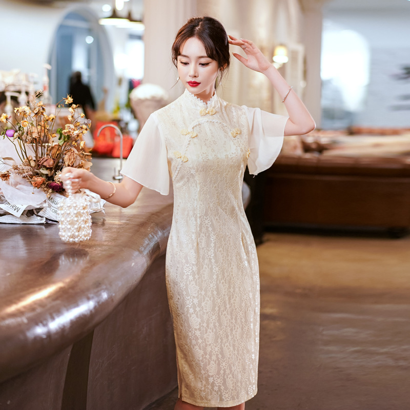 Summer elegant retro fitted lightweight lace cheongsam