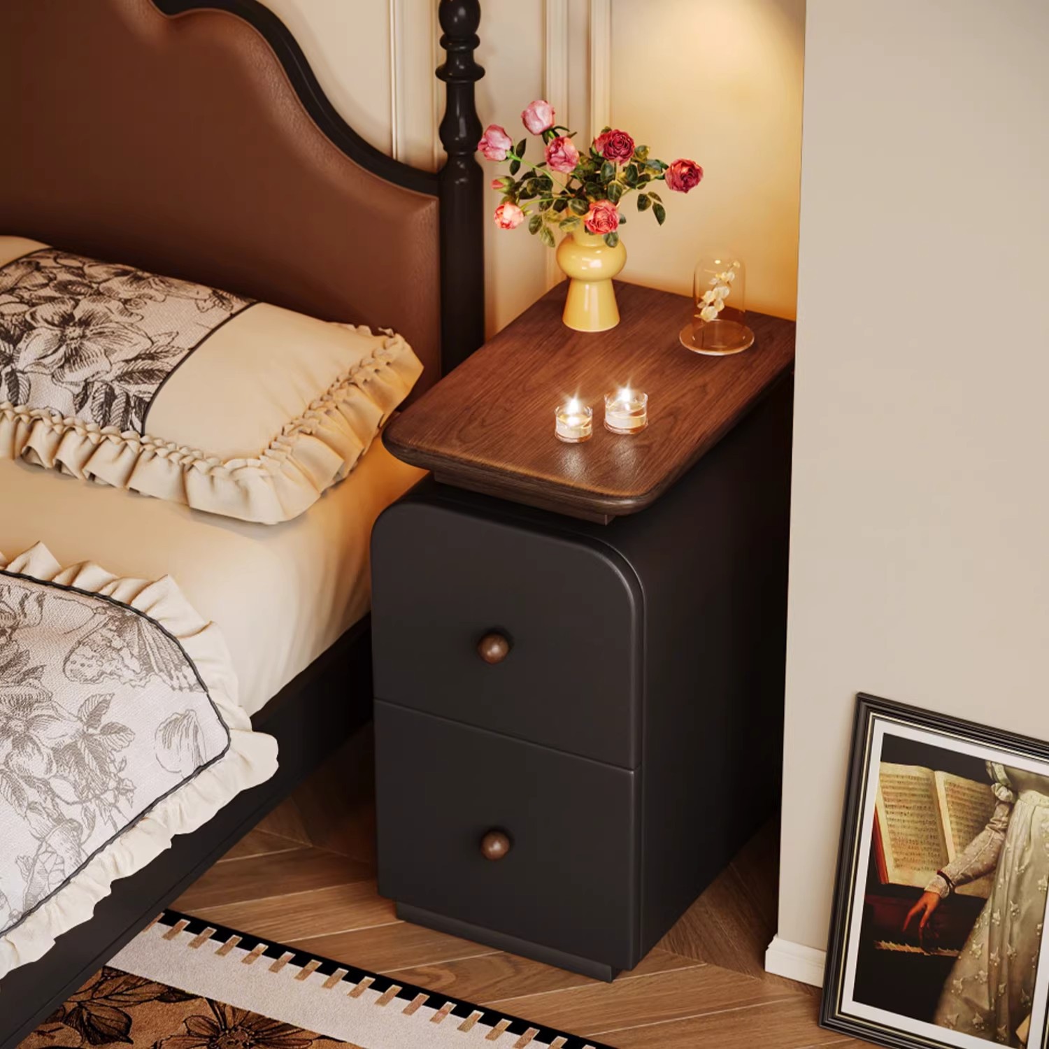 Mesa de cama de madera sólida muy estrecha dormitorio doméstico 2026 explosión pequeña mesa de cama retro sin instalación gabinete de almacenamiento