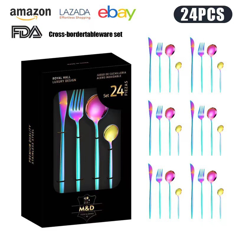 Juego de cuchillo y tenedor de comida occidental portuguesa de acero inoxidable de Amazon transfronterizo Juego de 24 piezas de bistec, cuchillo, tenedor, cuchara, cuchara, juego de cuchara de postre