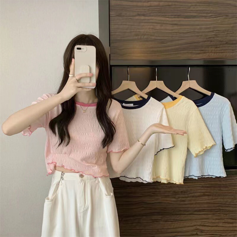 Summer Korean-style Contrasting Color Crewneck Pullover Short Short-sleeved Knitwear Women's ins Top Age-reducing Sweet Cute Women's Clothing Summer Korean-style Contrasting Color Crewneck Pullover Short Short-sleeved Knitwear Women's ins Top Age-reducing Sweet Cute Women's Clothing
