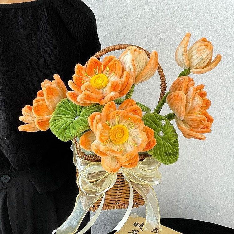 Día del maestro creativo tejido a mano lirio girasol loto torsión palo canasta de flores hecha a mano DIY material paquete regalo