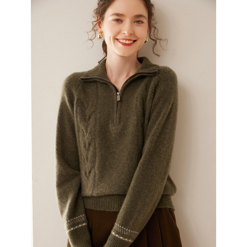 Autumn and Winter New Half-Zip Lapel Pure Color Cashmere Knitted Bottoming Shirt for Women Loose Slimming Look Thick Sweater Top
