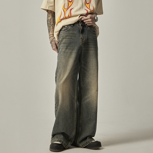 ISIETS Retro Ankle-Destroyed A-Style American Denim Pants for Men, Ins Trend Brand Straight Leg Loose Wide Leg Long Pants