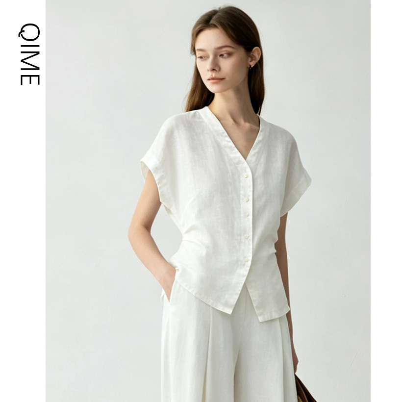 French-Style Linen Shirt for Women, New Summer Model, Slim-Fit, Elegant Blouse, Short-Sleeve Top, High-End Old Money Style